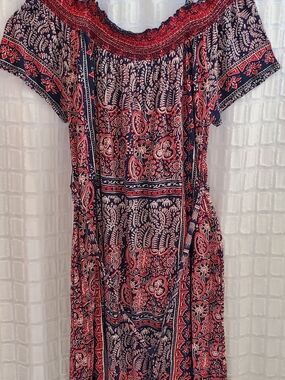 Lucky Brand Bohemian Off Shoulder Navy &  Red Paisley Midi w/Pockets/Belt  NWOT